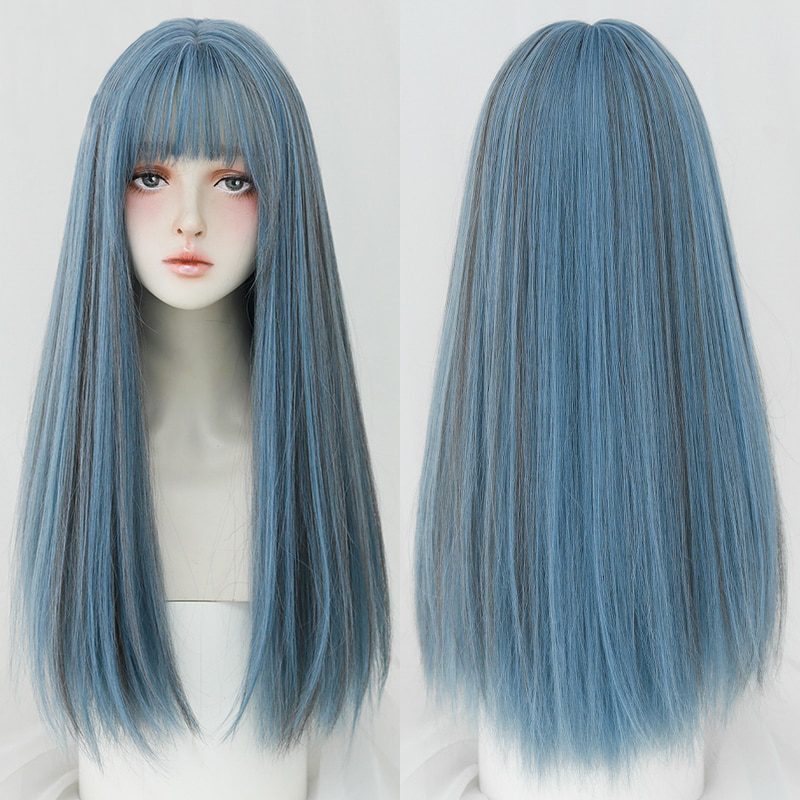 Korean Style Kpop Idol Wig Cosplay Synthetic Wig Blue Grey Blend Straight Long Wig