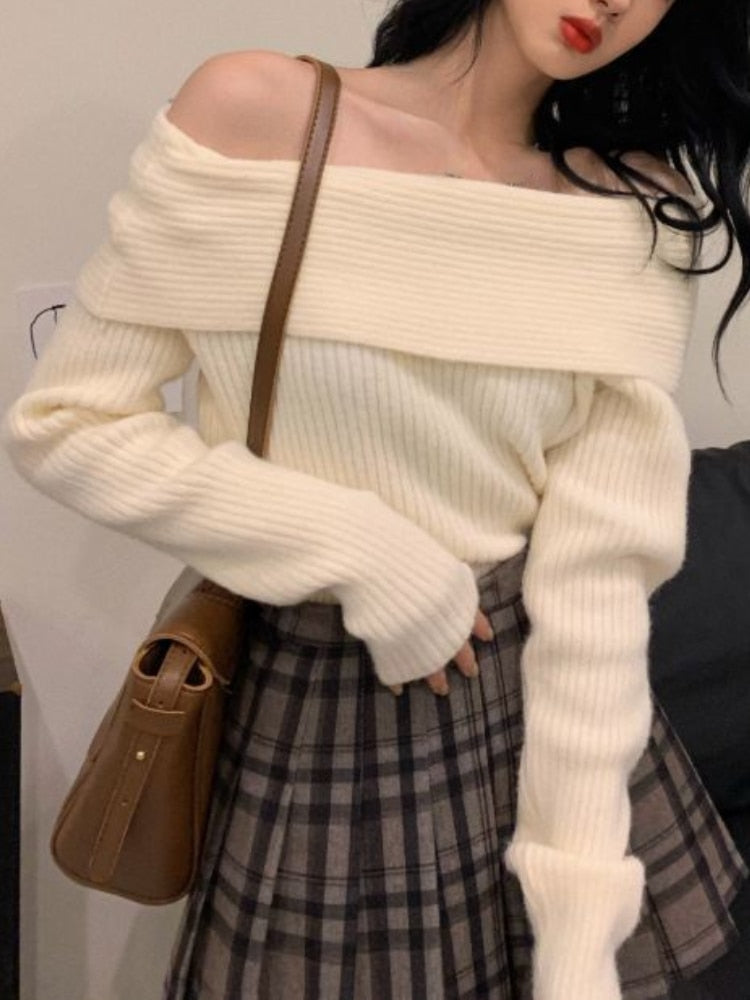 womens aesthetic white off the shoulder sweater