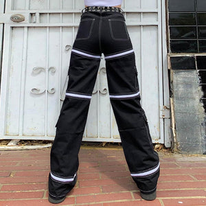 Harajuku Korean Fashion Y2K High Waist White Stitch Zipper Opening Black Cargo Pants