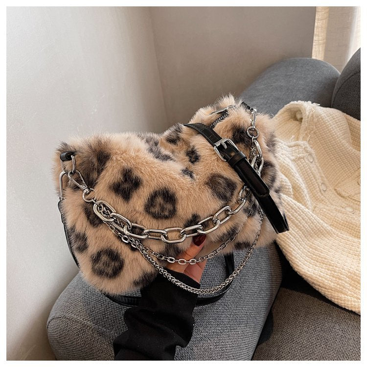 Korean Fashion Aesthetic Faux Fur Chain Shoulder Bag Brown