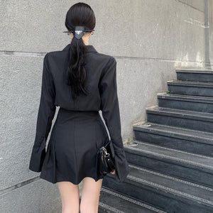 Korean Fashion Cinched Waist Mini Shirt Dress (Black)