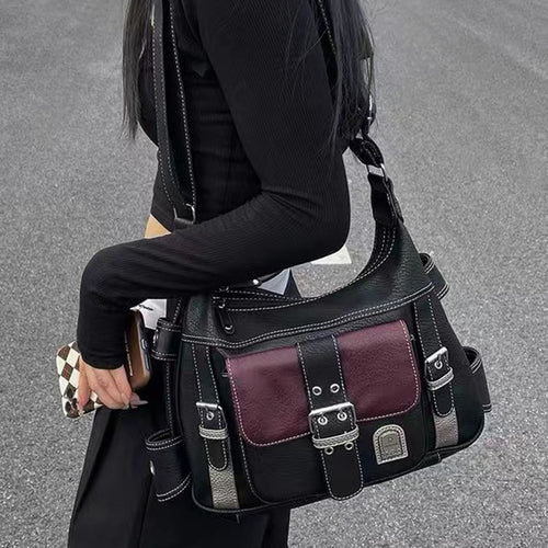 Harajuku Y2K Vintage 90s Grunge Aesthetic Black and Burgundy Messenger Bag Schoolbag