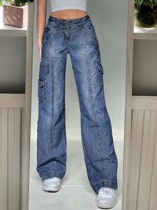 Harajuku Korean Fashion Y2K High Waist Acid Wash Blue Denim Cargo Pants Wide Jeans