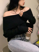 korean fashion elegant black off the shoulder sweater