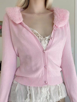 Kawaii Aesthetic Coquette Dollette Fur Lined Pearl Button Pink Cardigan