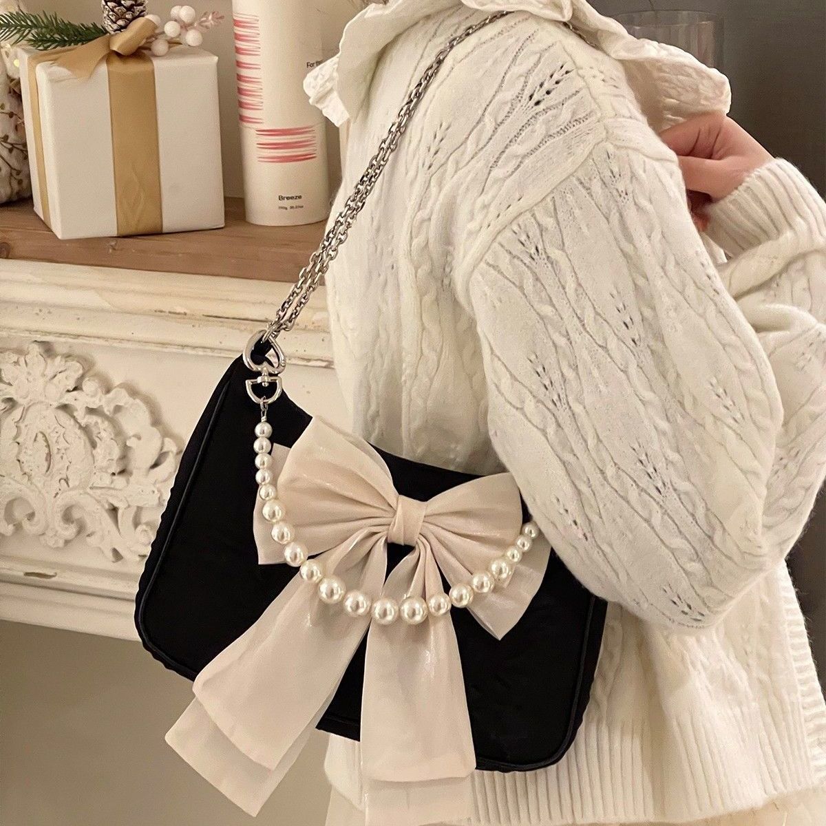 Harajuku Kawaii Fashion Coquette Aesthetic Big Bow Pearl Handle Shoulder Bag (Black/White) White