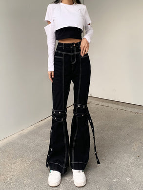 Harajuku Korean Fashion Y2K High Waist White Stitch Black Flared Jeans Bell Bottom Jeans