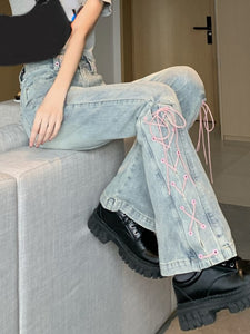 Harajuku Y2K Flare Jeans Pink Corset Lacing Flare Jeans