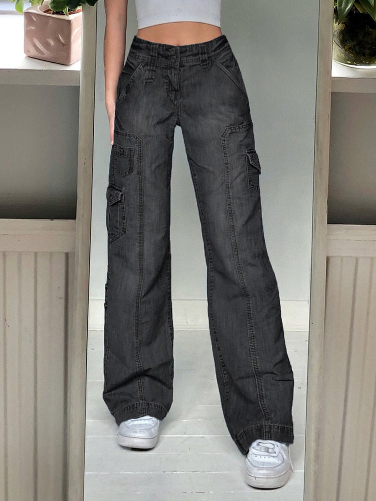 Harajuku Korean Fashion Y2K High Waist Acid Wash Dark Gray Cargo Pants Wide Jeans
