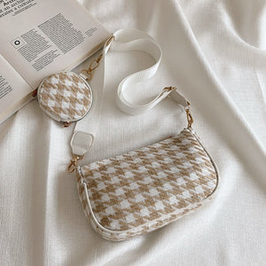 Harajuku Kawaii Fashion Y2K Aesthetic Houndstooth Shoulder Bag with Round Pouch (Black/Beige)