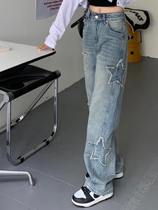 Star Patched Wide Leg Jean Pants, Y2K Baggy Jeans