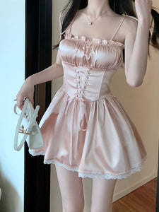 Coquette Fashion Korean Off Duty Ballerina Aesthetic Powder Pink Satin Dress Shorts Set