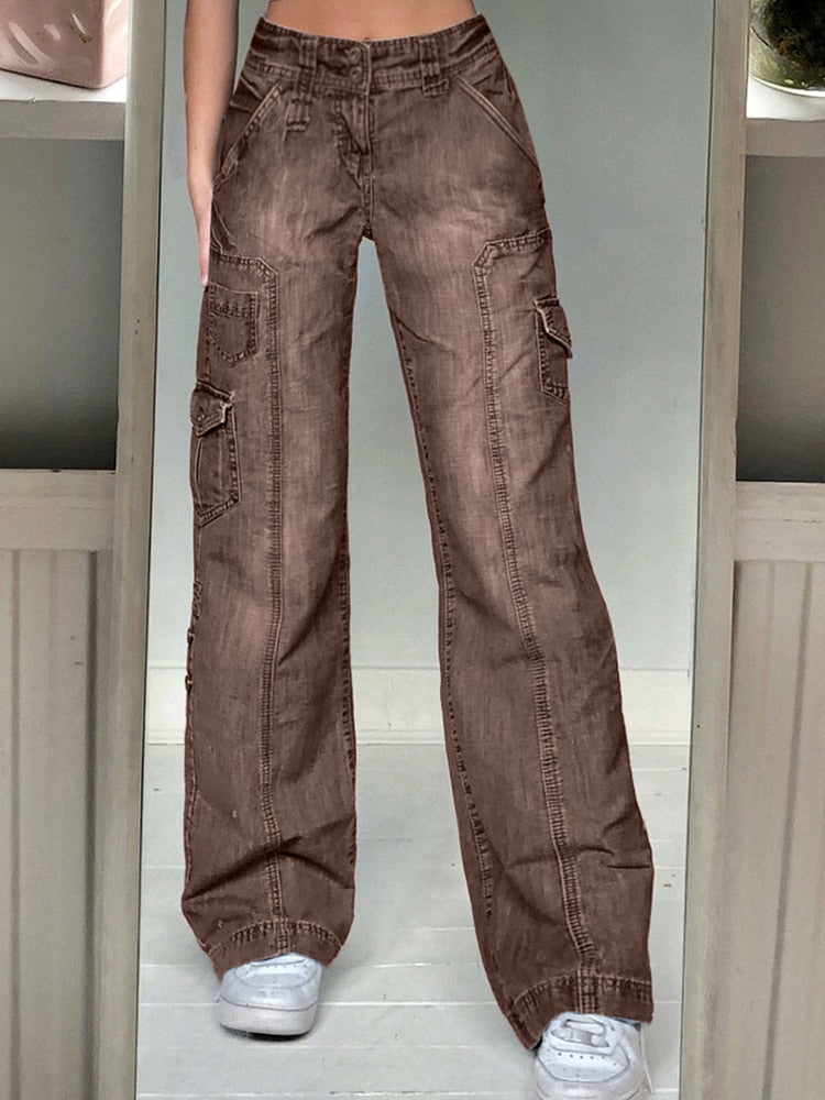 Harajuku Korean Fashion Y2K High Waist Acid Wash Brown Cargo Pants Wide Jeans