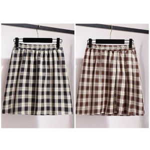 Plus Size Harajuku Kawaii Elastic Waistband Plaid Pleated Skirt (Black/Brown)