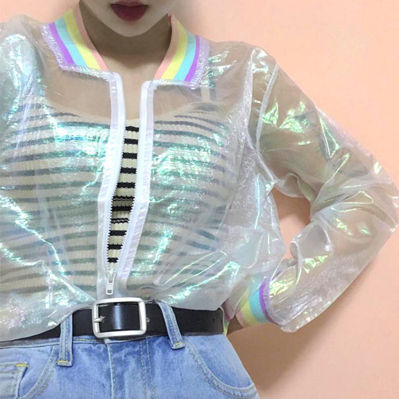 Unisex Adult Harajuku Hooded Coat Iridescent Shiny Holographic Jacket  Casual Top