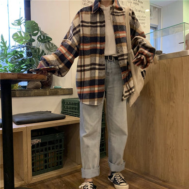 Harajuku Ulzzang Oversized Plaid Flannel Button Up Shirt (2 Colors)