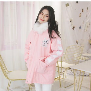 Harajuku Cute Kawaii Aesthetic Soft Girl Bunny Print Pink Lavender Long Down Jacket