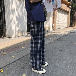 Harajuku Elastic Waist Plaid Flannel Pants (Navy)