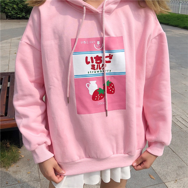 Harajuku Strawberry Milk Hoodie (Pink/Blue) – The Kawaii Factory