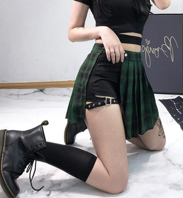 Plus Size Korean K-pop Idol Fashion Blackpink Lisa Style Plaid Skirt (Plaid Green/Plaid Red)