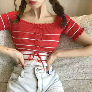 Korean Knit Corset Striped Crop Top (6 Colors)
