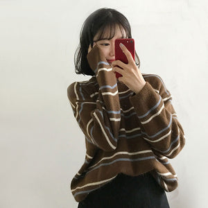 Harajuku Ulzzang Neutral Striped Knit Sweater (Beige/Brown/Blue)
