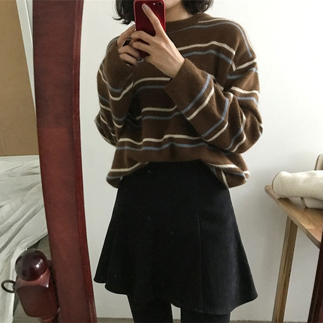 Harajuku Ulzzang Neutral Striped Knit Sweater (Beige/Brown/Blue) – The ...