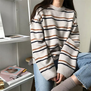 Harajuku Ulzzang Neutral Striped Knit Sweater (Beige/Brown/Blue)