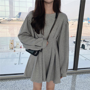 Korean Style Grey Waist Fold Dress