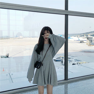 Korean Style Grey Waist Fold Dress