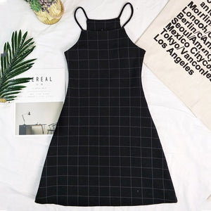 Korean Style Checkered Black Cami Dress