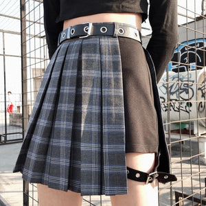 Plus Size Korean K-pop Idol Fashion Blackpink Lisa Style Plaid Skirt (Plaid Grey/Plain Black)