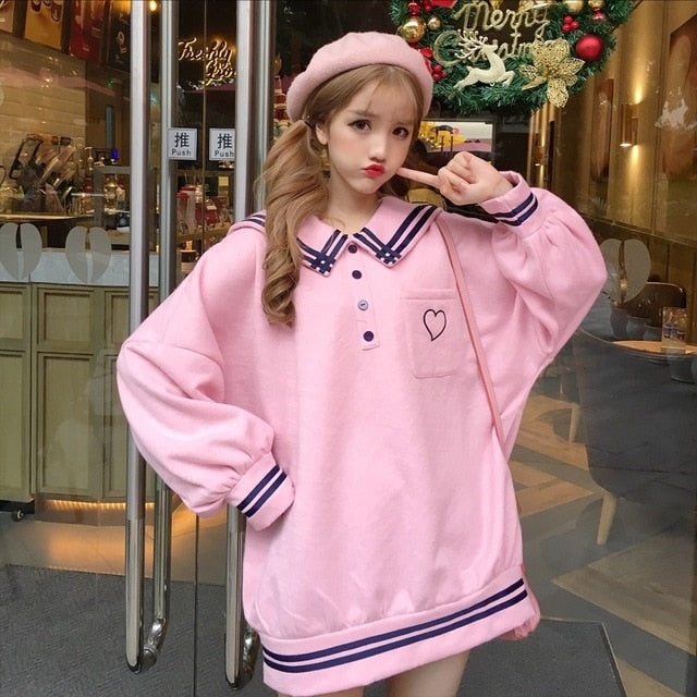 Plus Size Harajuku Japanese Kawaii Fashion Long Sleeve Heart Polo (3 Colors)