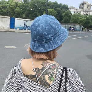 Harajuku Denim Moon Print Bucket Hat