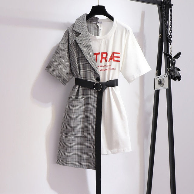 Plus Size Harajuku Korean Style Middle Split Dress with Belt (Black/White)
