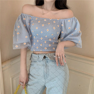 Korean Style Off Shoulder Bell Sleeve Daisy Tube Crop Top (5 Colors ...