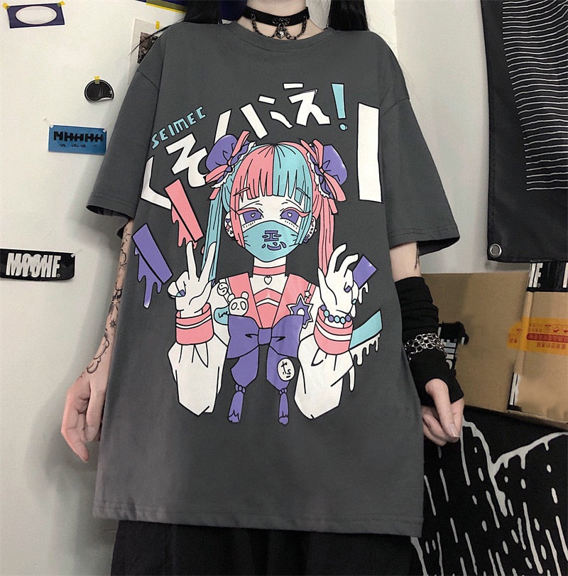 Plus Size Harajuku Menhera Yami Kawaii Fashion Anime Girl T-shirt  (Black/White)
