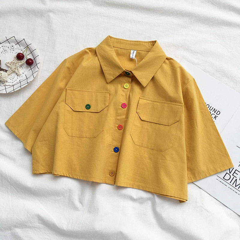 Harajuku Color Buttons Oversized Cropped Shirt (5 Colors