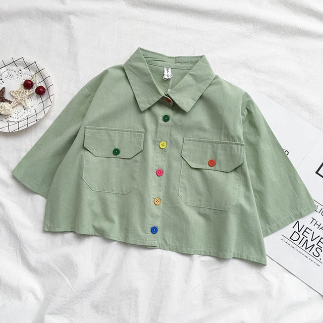 Harajuku Color Buttons Oversized Cropped Shirt (5 Colors