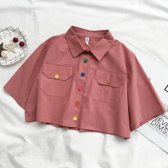 Harajuku Color Buttons Oversized Cropped Shirt (5 Colors