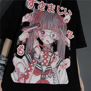 Plus Size Harajuku Menhera Yami Kawaii Fashion Anime Girl T-shirt (Black/White)