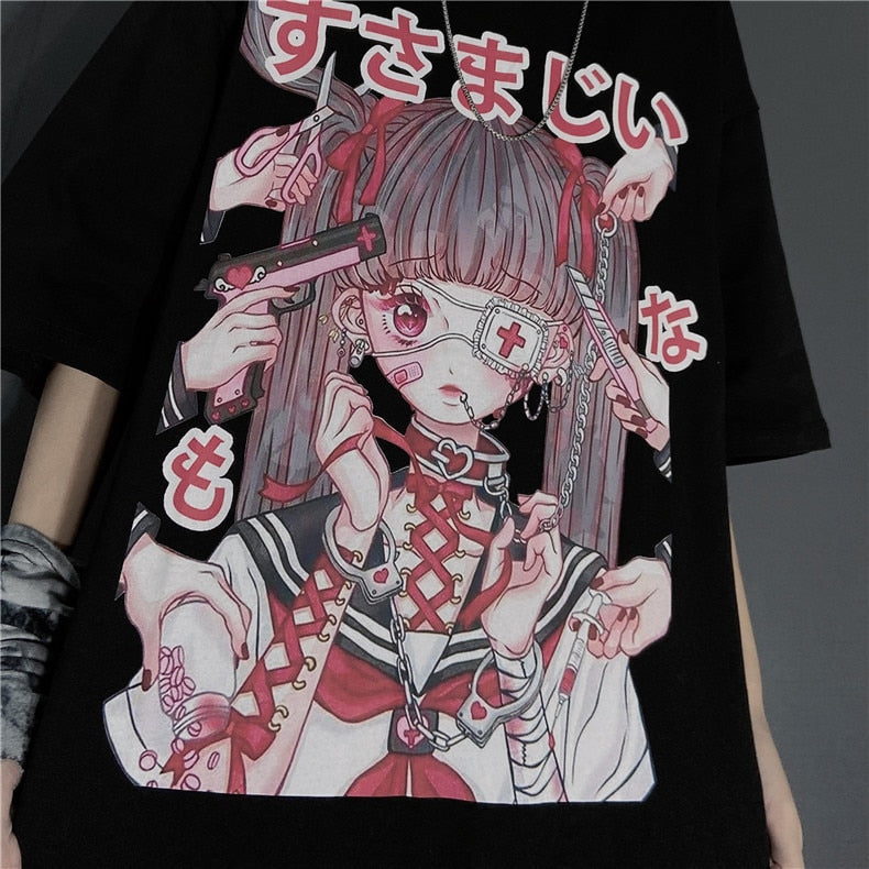 Plus Size Harajuku Menhera Yami Kawaii Fashion Anime Girl T-shirt  (Black/White)