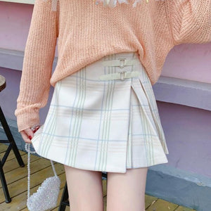 Harajuku Kawaii Fashion Hime Gyaru Plaid Woolen Mini Skirt (Pink/White)