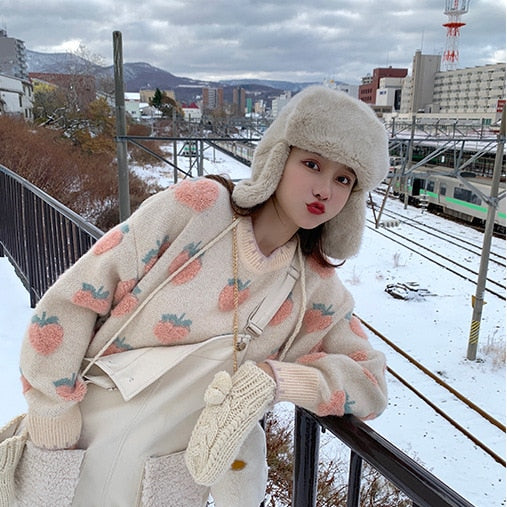 Harajuku Kawaii Fashion Peach Strawberry Winter Knit Sweater – The ...