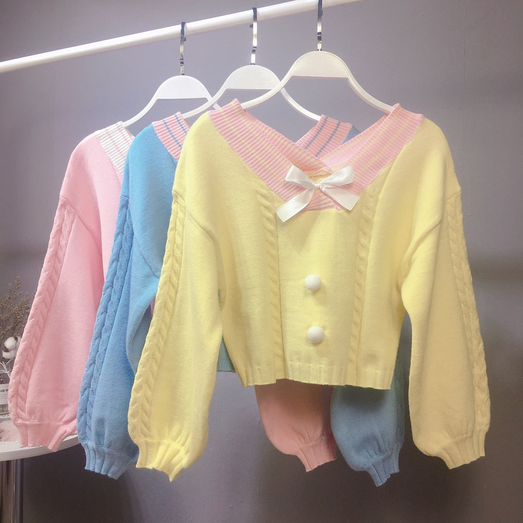 Harajuku Kawaii Fashion Bell Sleeve Pastel Knit Cropped Sweater