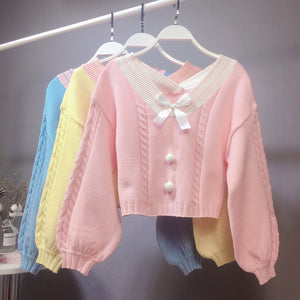 Harajuku Kawaii Fashion Bell Sleeve Pastel Knit Cropped Sweater