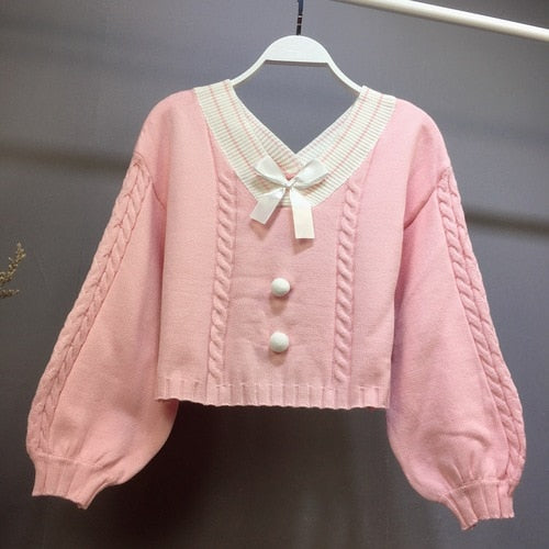 Harajuku Kawaii Fashion Bell Sleeve Pastel Knit Cropped Sweater