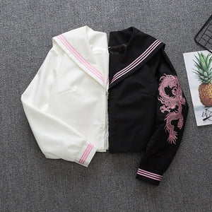 Harajuku Sailor Uniform Style Top with Dragon Sleeve Print (Black/Pink)