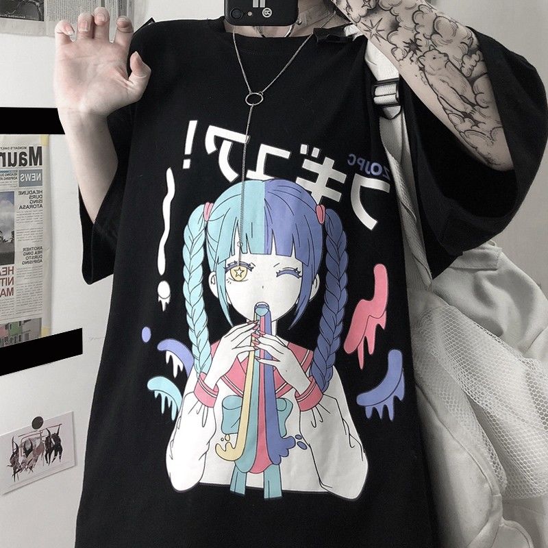 Plus Size Harajuku Menhera Yami Kawaii Fashion Anime Girl T-shirt  (Black/White)