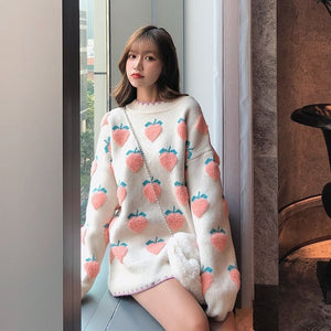 Harajuku Kawaii Fashion Peach Strawberry Winter Knit Sweater